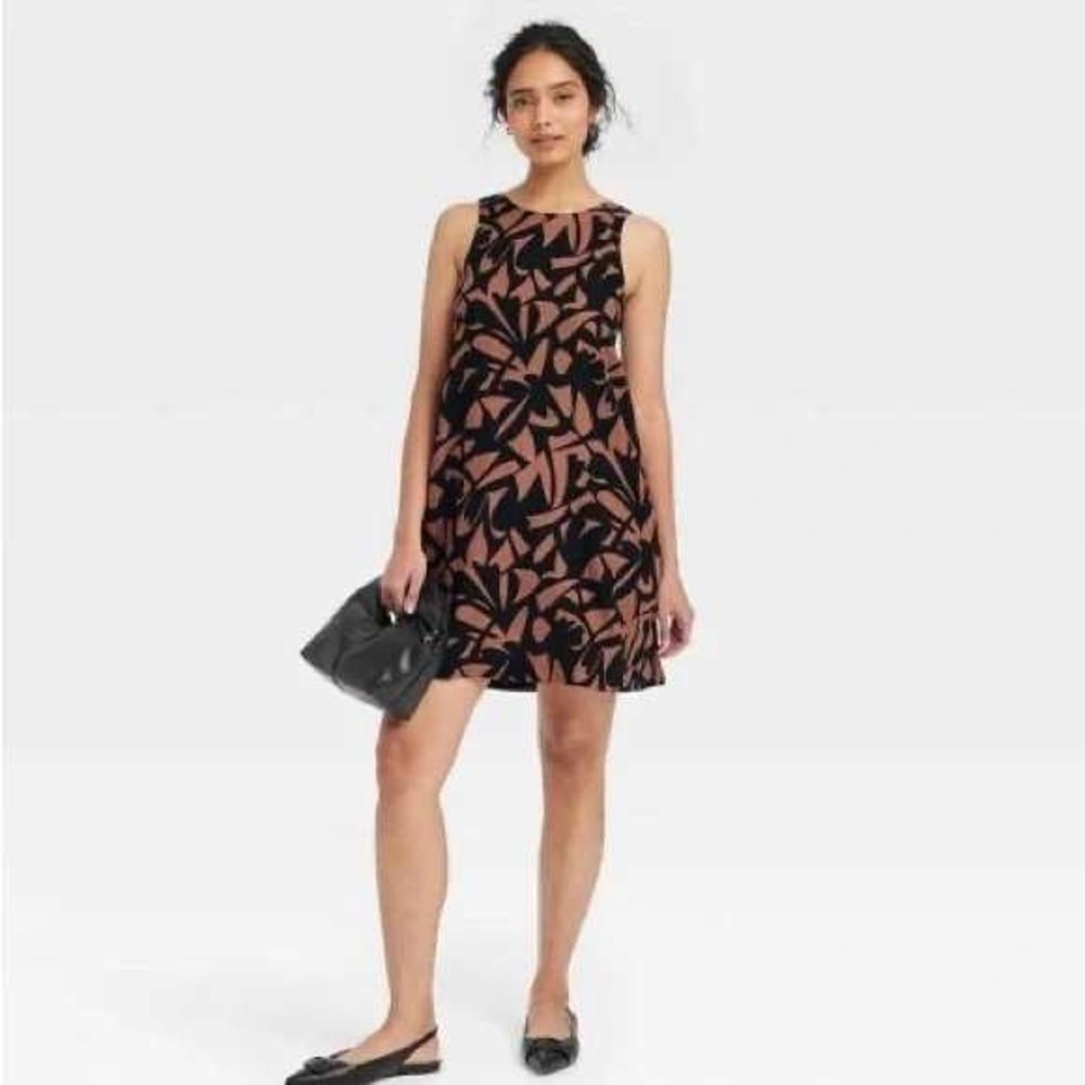 A New Day NWT Womens Brown Black Abstract Linen Blend Shift Mini Dress Size M